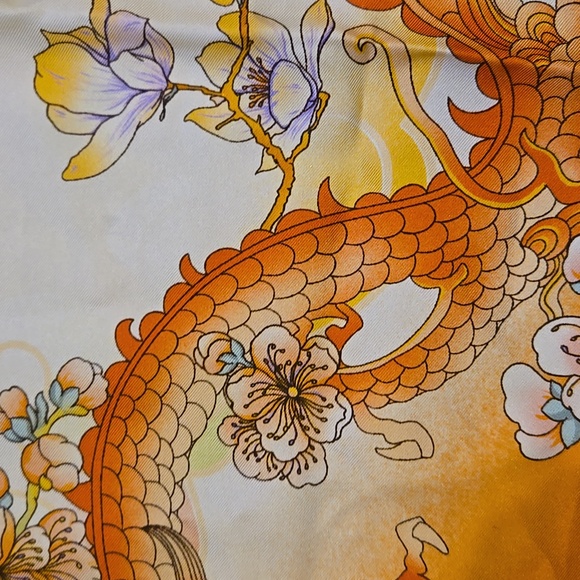New Shanghai Story 100% Silk Orange Floral Dragon Print Scarf - Picture 2 of 9